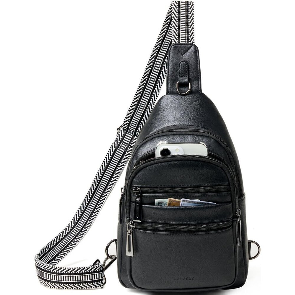 Women Sling Bag Vegan Leather Crossbody Fanny Pack Travel Purse Black